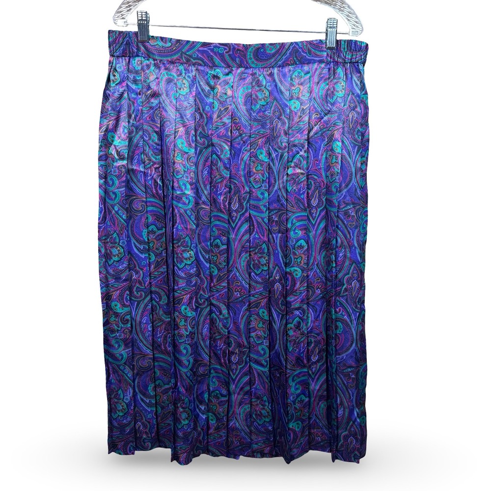 VTG Koret Multicolor Satin Boho Floral Paisley Full Pleated Skirt Sz 12 Pullon - Picture 1 of 10